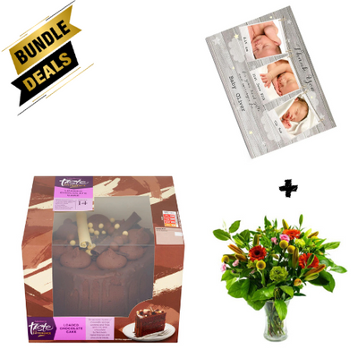 Gift Bundle - Loaded Chocolate Cake with Personalised Tatty Teddy Congratulations Card and Radiant Hand Tie Bouquet