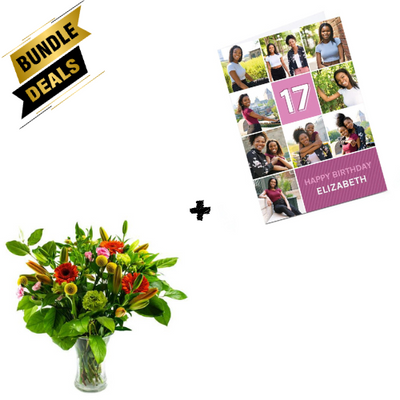 Gift Bundle - Purple Squares, Editable Age Card and Radiant Hand Tie Bouquet