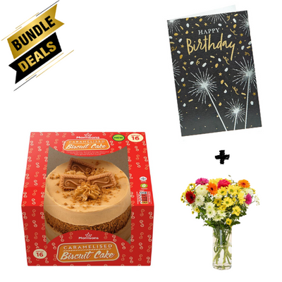 Gift Bundle - Caramel Biscuit Cake with Birthday Card and Mixed White Bouquet