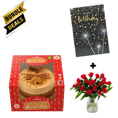 Gift Bundle - Caramel Biscuit Cake with Birthday Card and Rose And Alstroemeria Bouquet