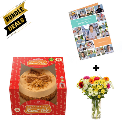 Gift Bundle - Caramel Biscuit Cake with Photo Birthday Card and Spring Posy Flower
