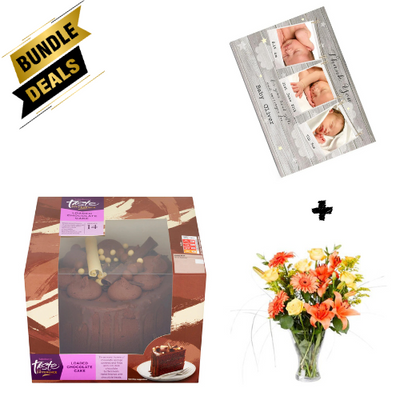Gift Bundle - Loaded Chocolate Cake with New Baby Photo Card and Delightful Blues Flower Bouquet
